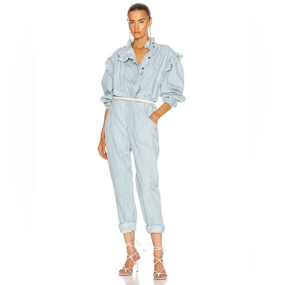 Isabel Marant Étoile Gayle Ruffled Denim Jumpsuit in light blue denim